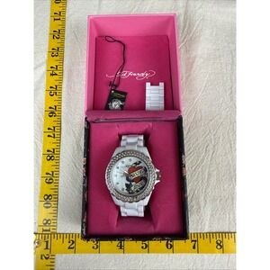 Ed Hardy Womens White Watch Y2K True Love Tattoo Swarovski New Battery in Box